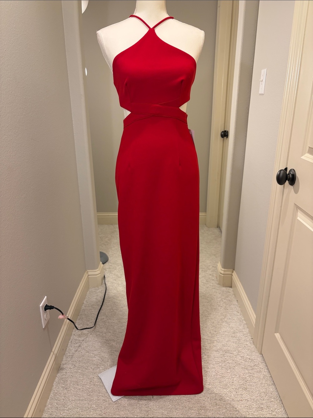 Minuet Petite Crimson Halter Maxi Dress with Waist Cutouts